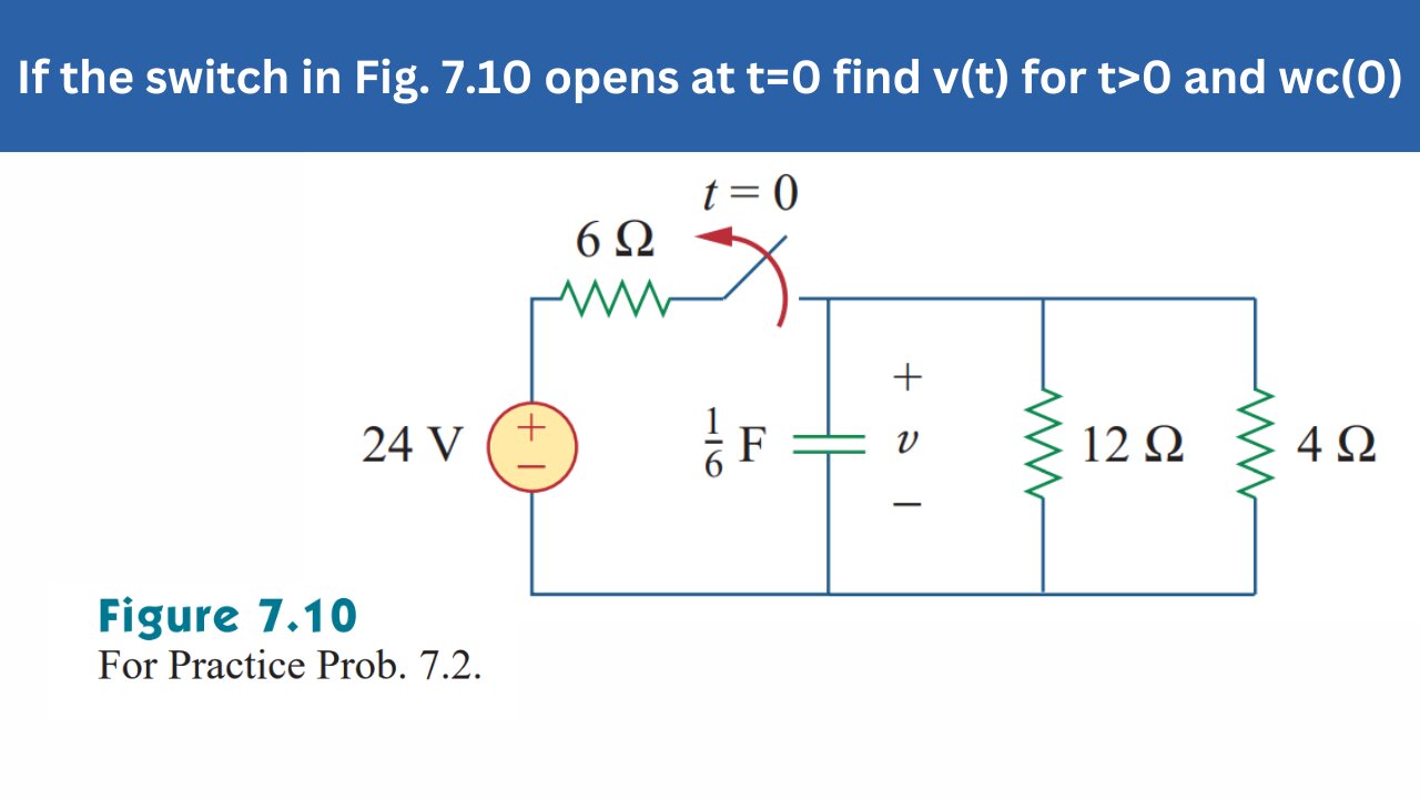 Practice Prob 7.2 | The switch in Fig 7.10 opens at t=0 find v(t) for t>0 & wc(0) | FEC 4th Edition