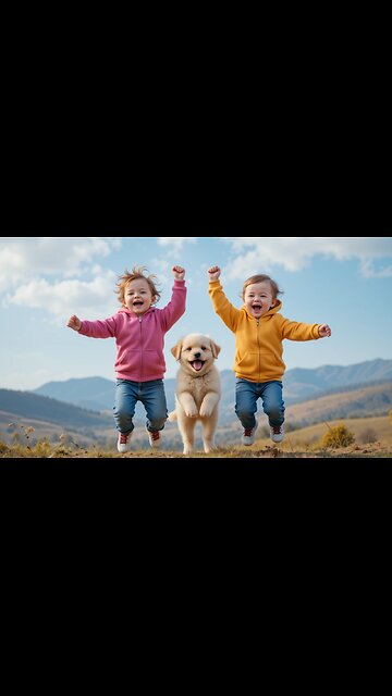 Pure Happiness: Kids and Puppy Leaping Together! 🐶💖🌟
