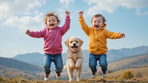 Pure Happiness: Kids and Puppy Leaping Together! 🐶💖🌟