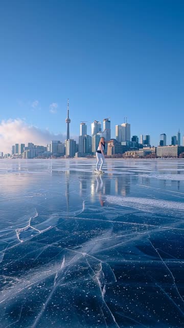Toronto skyline completely frozen, all white with no clouds, beautiful and shiny