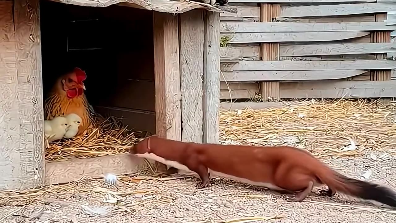The weasel tried to steal chickens but got caught by the tabby cat