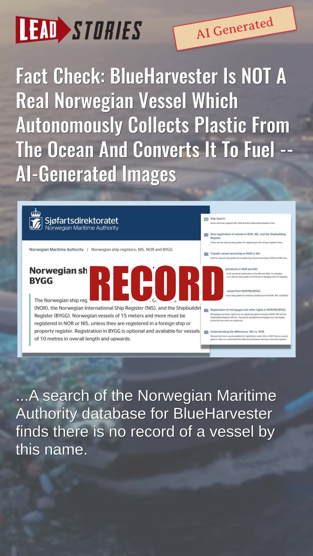Fact Check: BlueHarvester Is NOT A Real Norwegian Vessel Which Collects Plastic From The Ocean