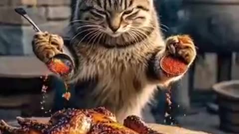 Cat cooking amazing dishes