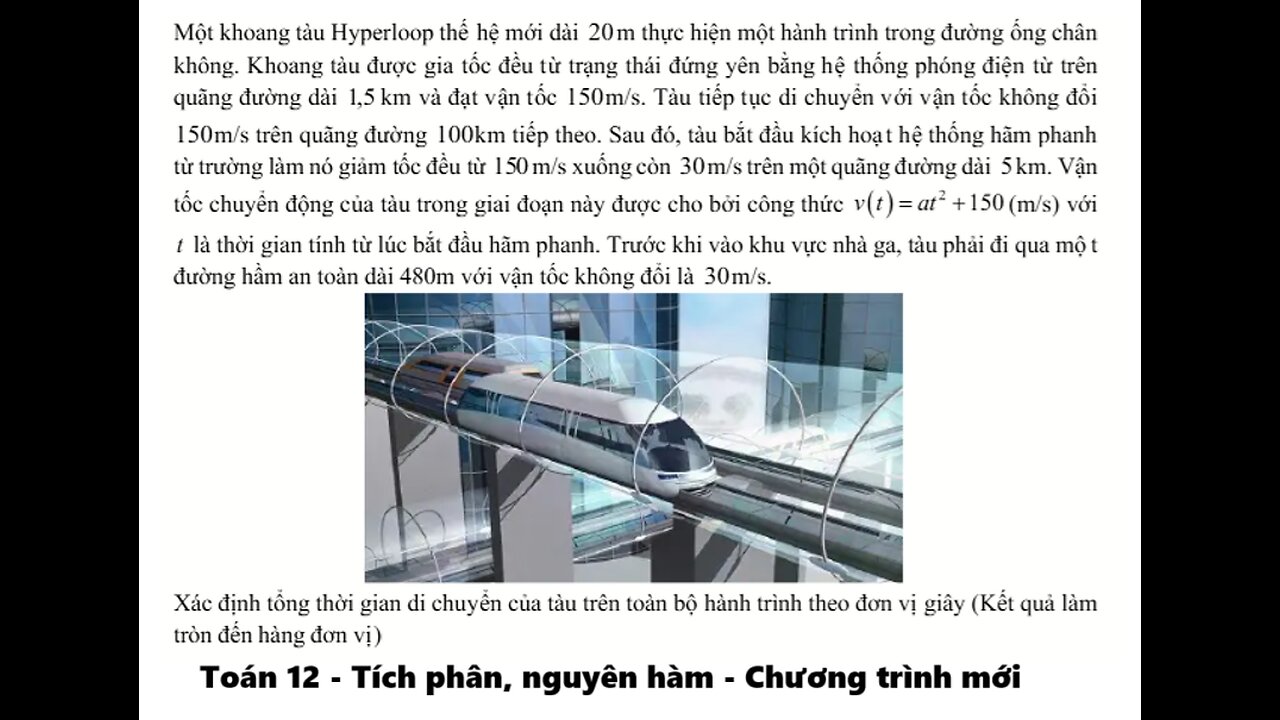 Toán 12: Tích phân: Một khoang tàu Hyperloop thế hệ mới dài 20 m thực hiện một hành trình trong