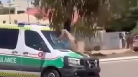 maniac smashes ambulance windscreen with his head in Kalgoorlie, Western Australia.
