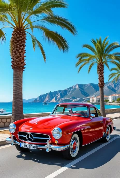 Sunny Palma with a red Mercedes Benz 190 SL