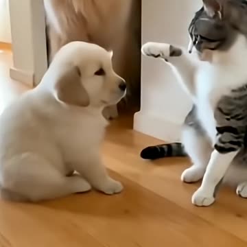 Cat Smacks Puppy Fast.... Until Mom Golden Retriever Walks In 😂😂😂
