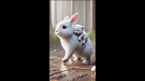 A rabbit saves a kitten