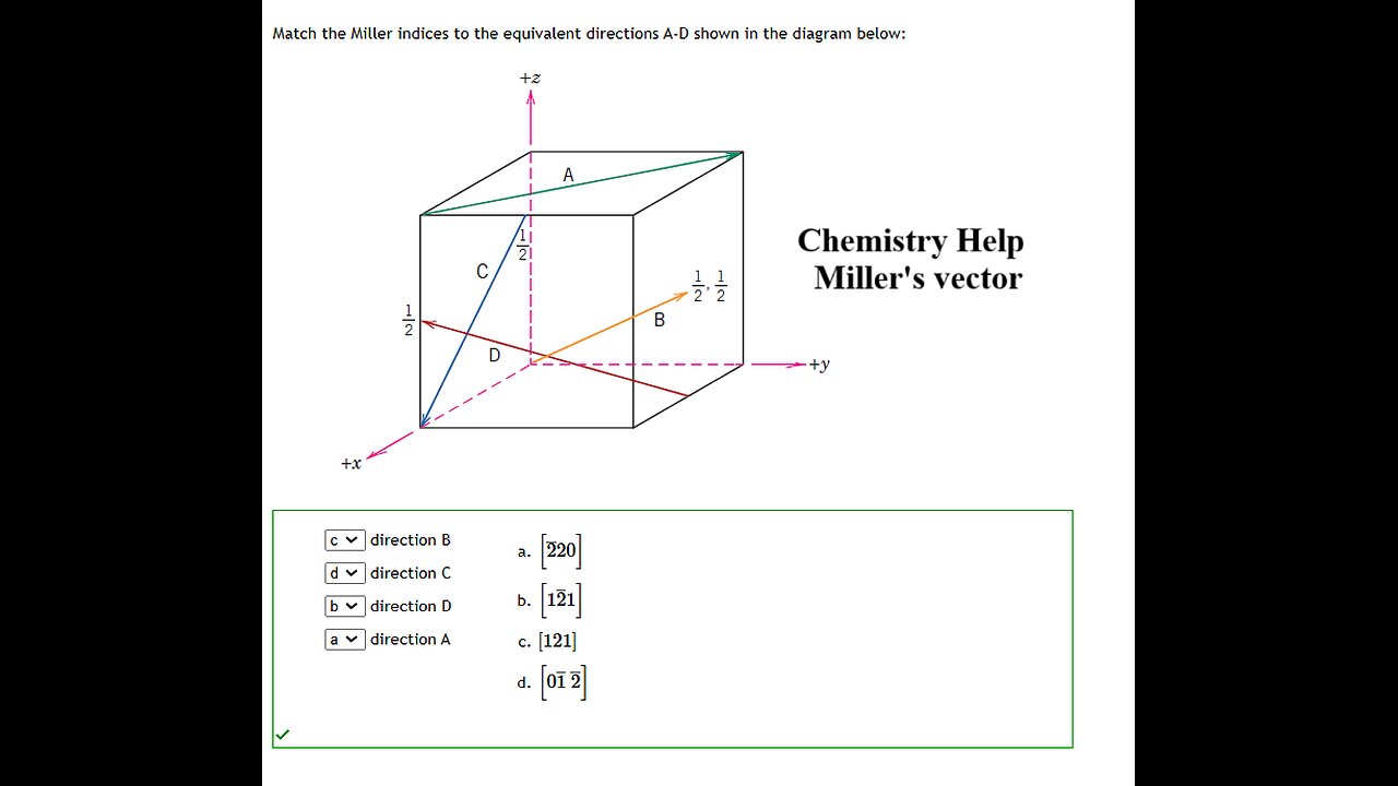 Chemistry Help: Match the Miller indices to the equivalent directions A-D shown in the diagram below