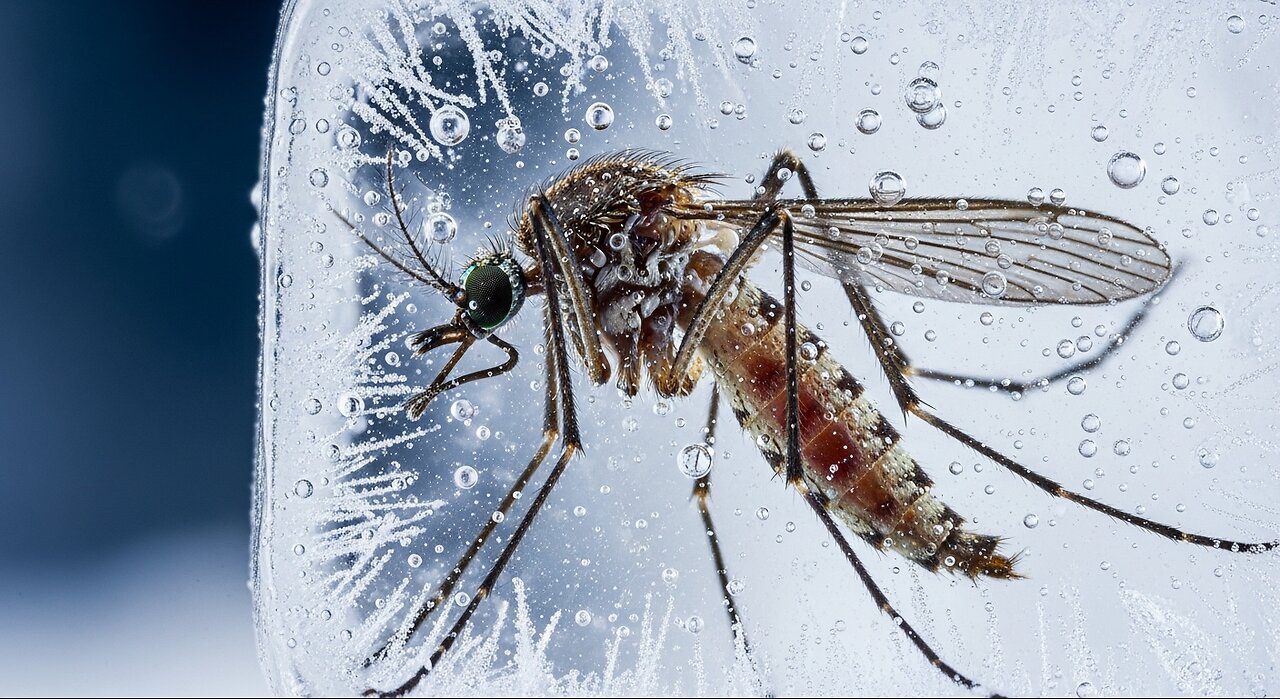 Closeup photo of a frozen mosquito macro 35mm Grok Ai