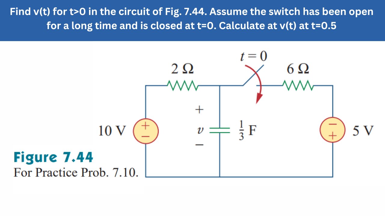 Practice Prob 7.10 | Find v(t) for t>0 in the circuit of Fig. 7.44 | FEC 4th Edition