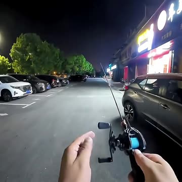 The man is fishing on the street with a fishing rod.🤣🤣🤣