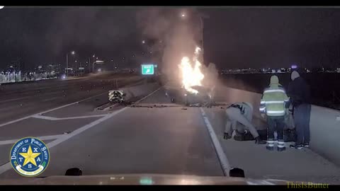 Dashcam video shows Texas DPS trooper rescuing driver from burning car in Plano