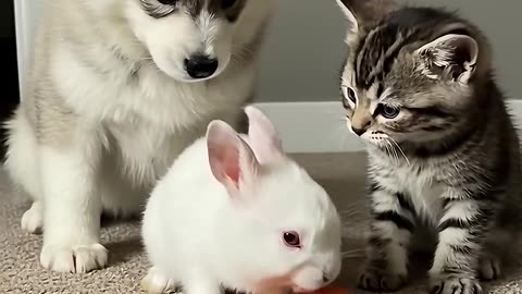 Little bunny munches carrot under close watch