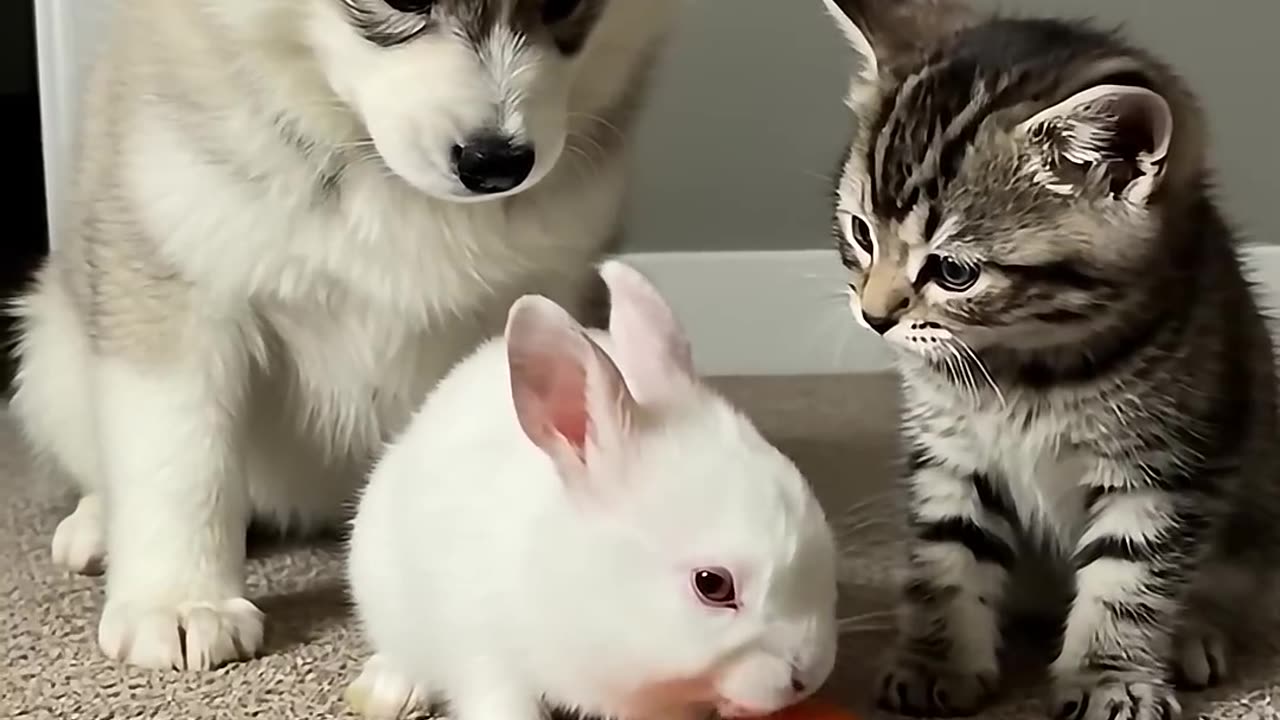 Little bunny munches carrot under close watch