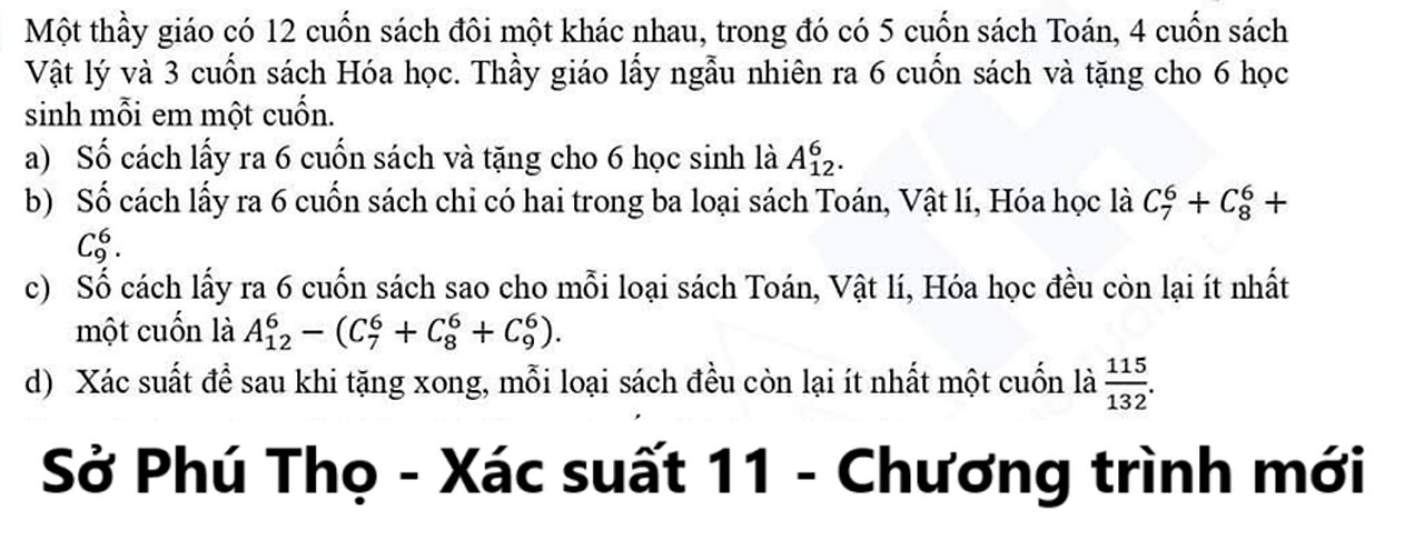 Sở Phú Thọ: Một thầy giáo có 12 cuốn sách đôi một khác nhau, trong đó có 5 cuốn sách Toán