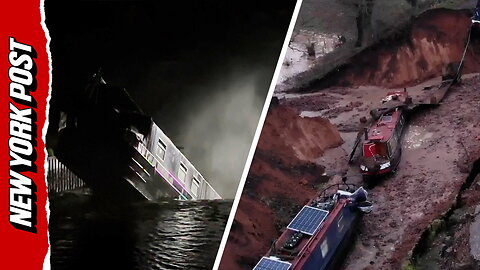 Wild moment narrowboat gets swallowed by canal sinkhole