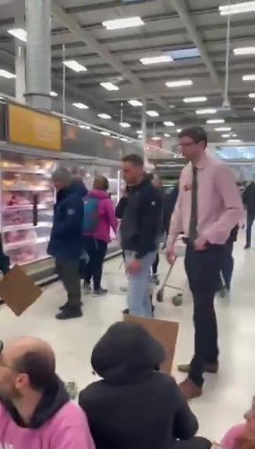 Locals push trolleys into protesting vegans blocking the meat aisle at Sainsbury’s