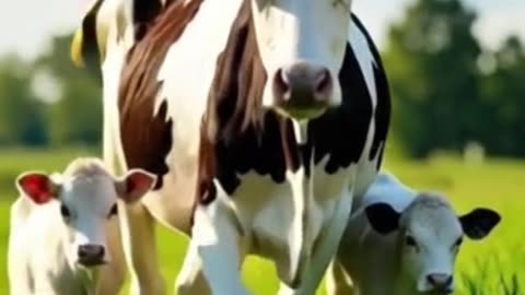 Mother Cow and Her Adorable Calves Enjoying a Peaceful Walk in the Lush Countryside