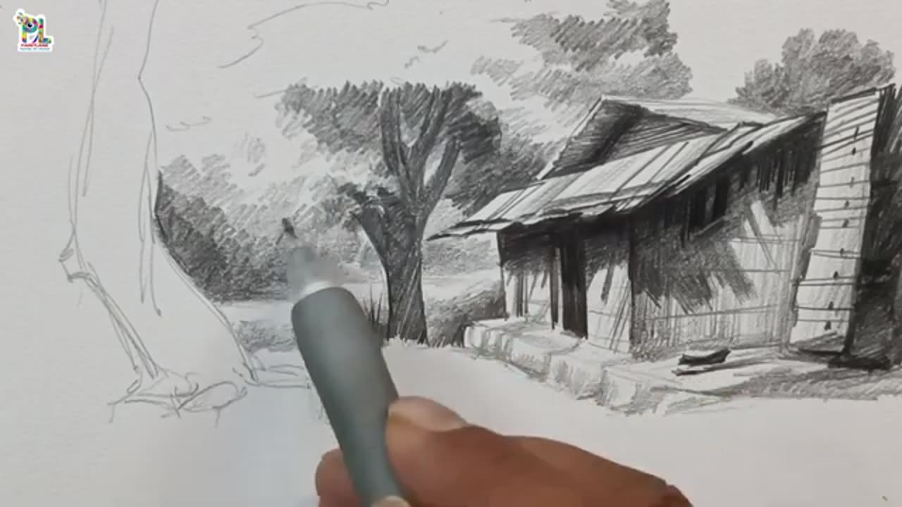 How to draw Road side Hut and Tree with pencil