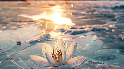 An ice lily blooming on a frozen lake, glowing in the sunset