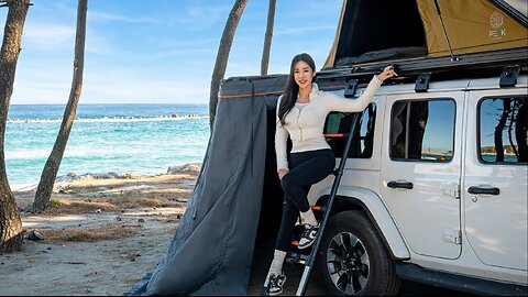 -5℃ Winter Sea🌊, Camping Alone in the Best Rooftop Tent | Sounds of Sea [Relaxing] | Best Scenery
