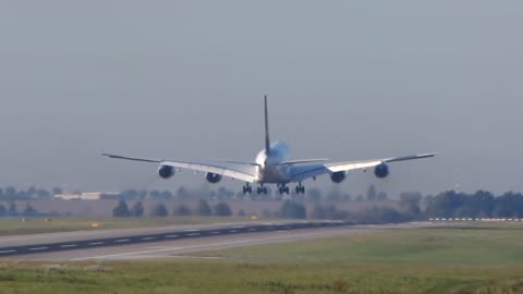 Low pass of an Airbus A380 over the runway at Prague Airport