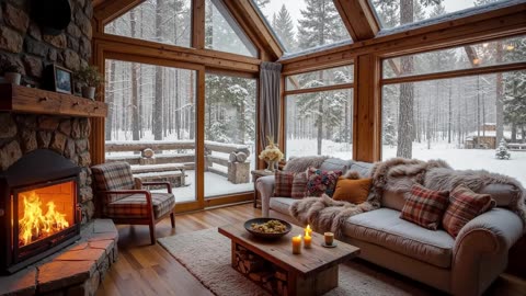 Cozy Wood Cabin With Jazz Music Ambience ❄ SnowStorm, Crackling Fireplace for Unwinding