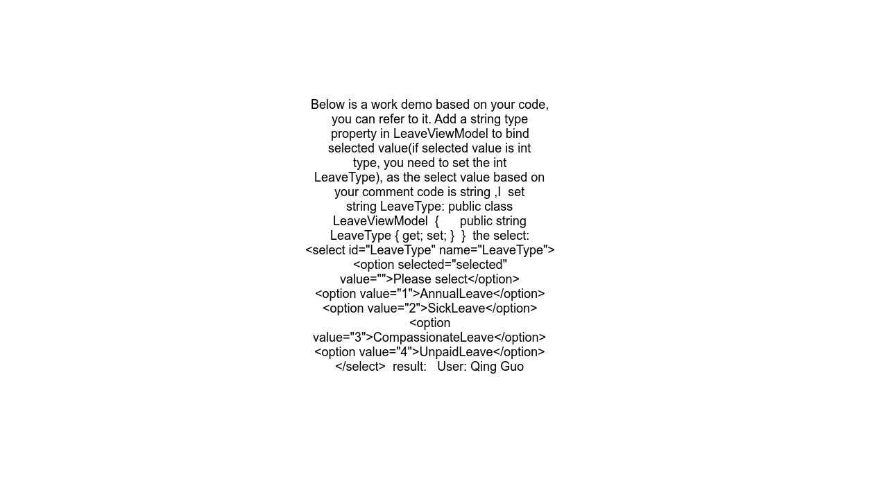 DropDownListFor selected value returns null in the Enum property Model on form POST in ASP.Net Core