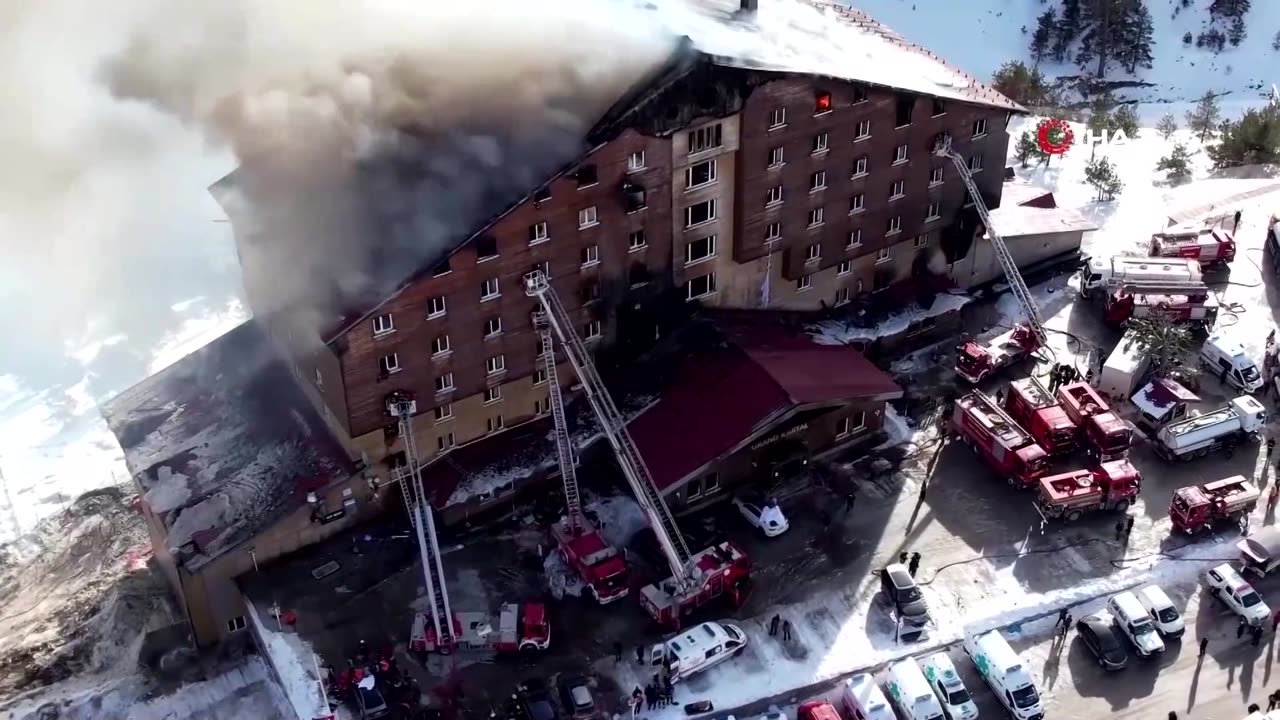 Drone video shows fire at a Turkish ski resort hotel