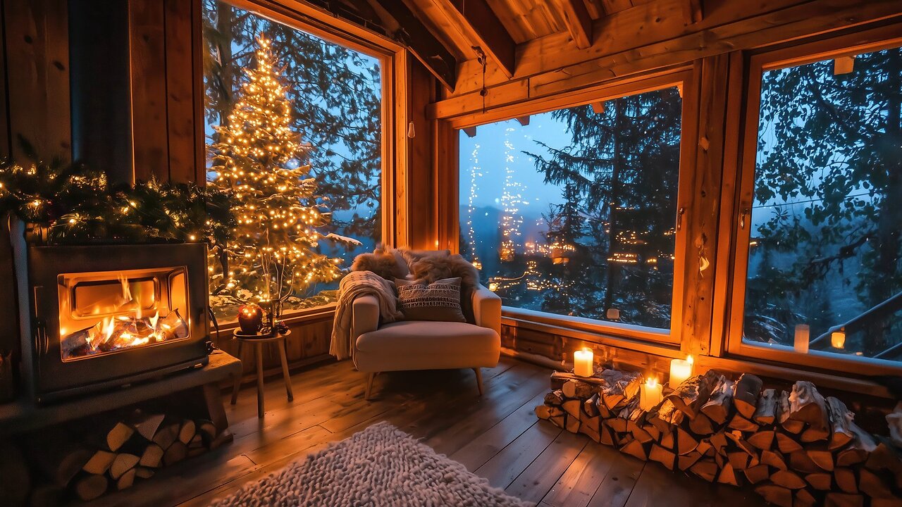 Cozy Winter Cottage with Fireplace Ambience and Relaxing Christmas Piano Music