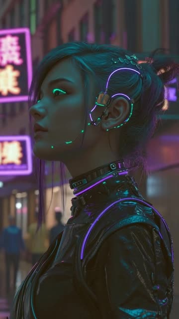Transform the photo of the girl into a dark cyberpunk style. Keep her facial features recognizable.