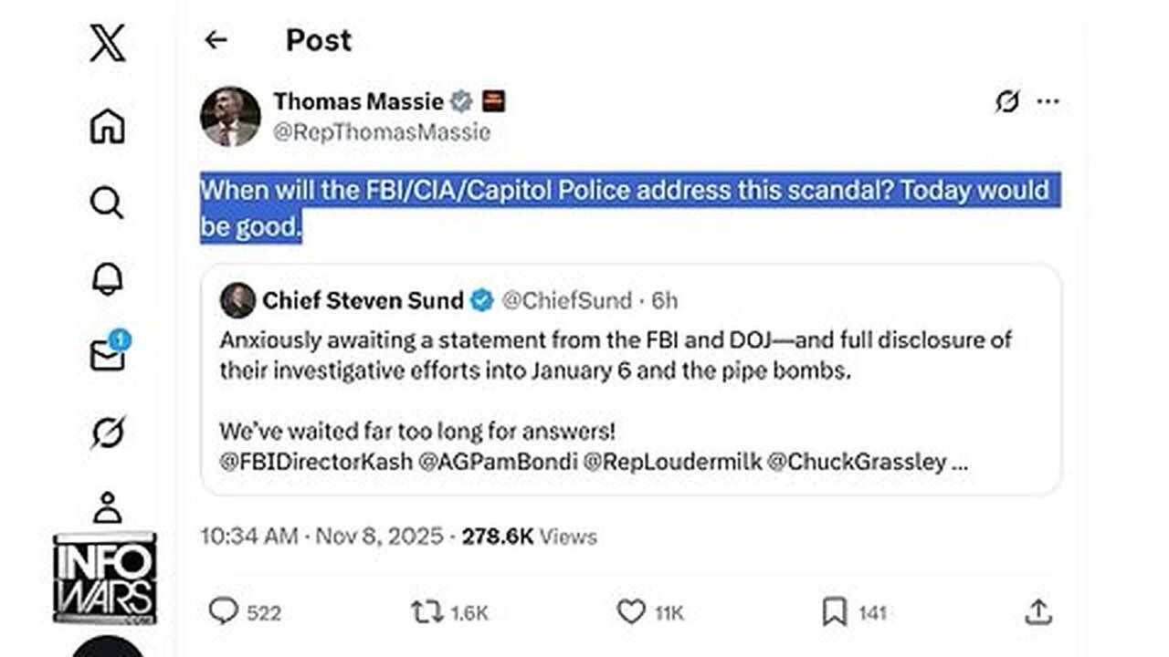BREAKING: Congressman Thomas Massie Says CIA/Capitol Police Involvement With J6 Pipe Bomb Coming Out