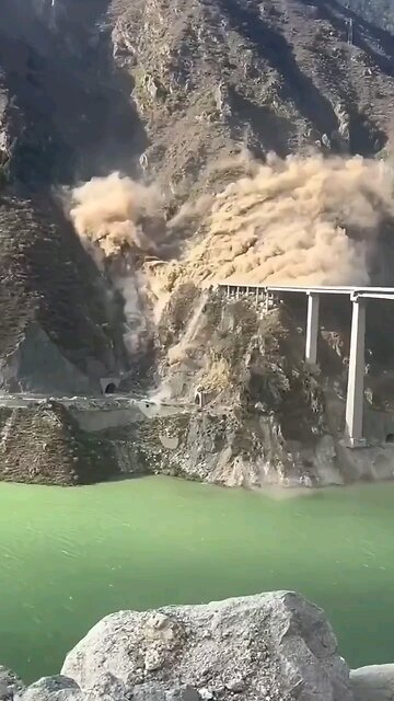 The Hongqi Bridge in Shuangjiangkou, Sichuan Province, China, partially collapsed