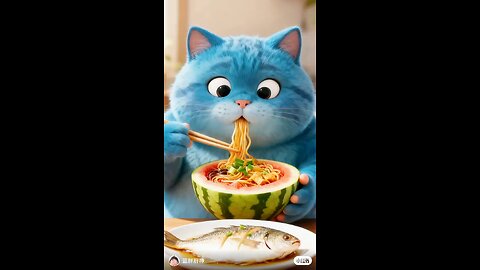 Animated video of cat eating noodles