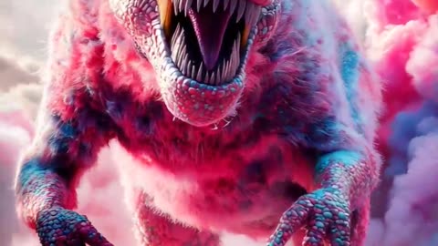 A cotton candy T-Rex charges forward, its vibrant fluff rippling in the wind with every movement.