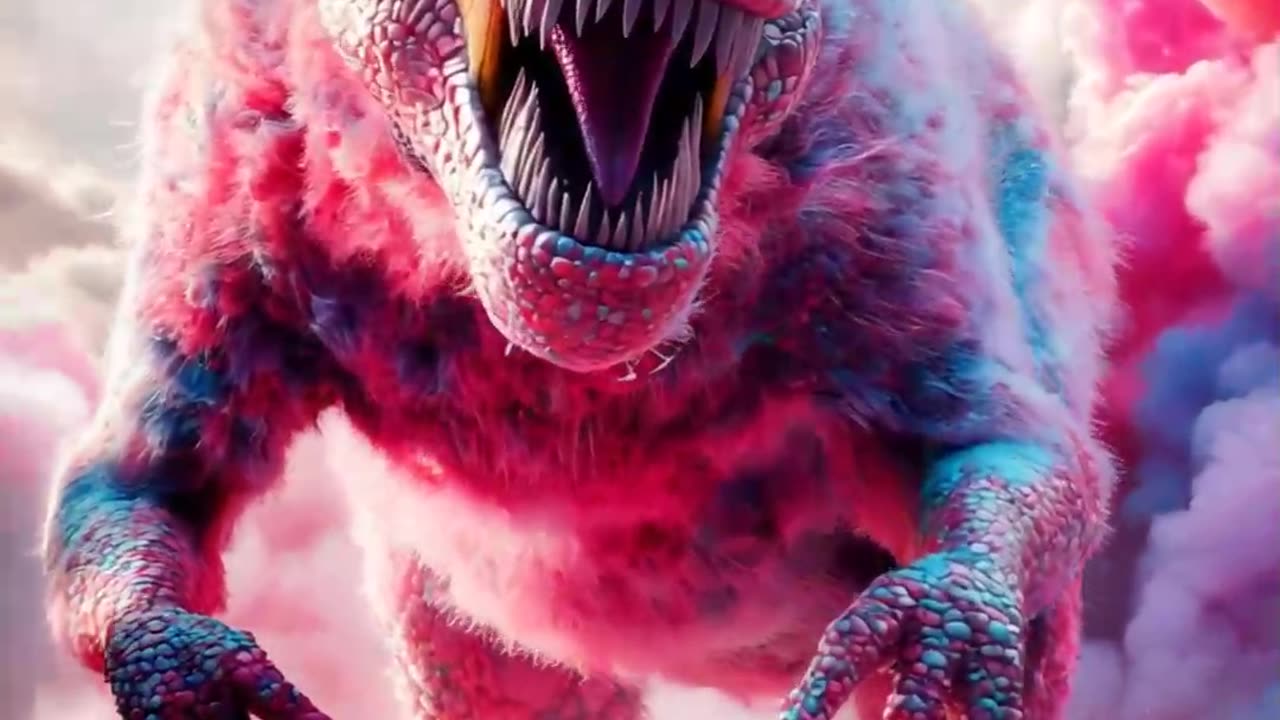 A cotton candy T-Rex charges forward, its vibrant fluff rippling in the wind with every movement.