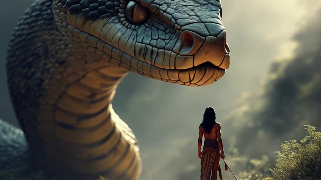 dynamic shot of a giant cobra and a aztec warrior walking side by side, high quality image