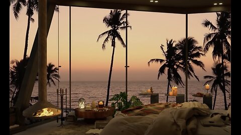 Smooth Piano Jazz Music for Relaxing, 4K Summer Cozy Bedroom View of the Beach Sunset