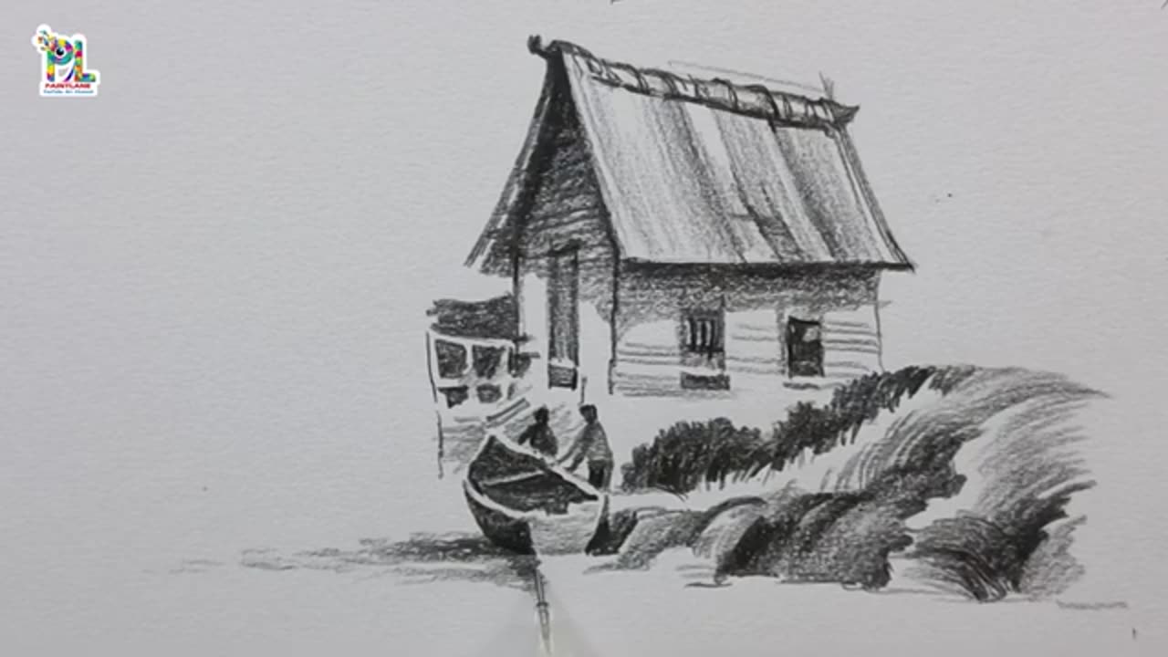 How to draw a Big wooden house beside River || Pencil Scenery Art