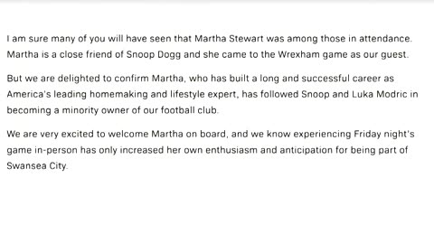Martha Stewart joins Snoop Dogg as Swansea City co-owner
