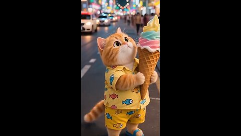 A red-haired cat with his ice cream in a new video. What's your favorite ice cream?
