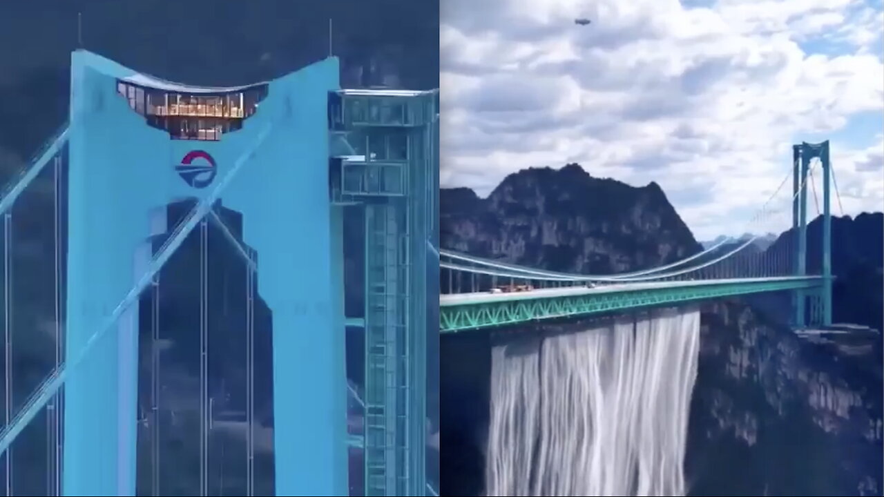 A Restaurant in the Sky and Waterfall at 625 meters in the Huajiang Grand Canyon Bridge