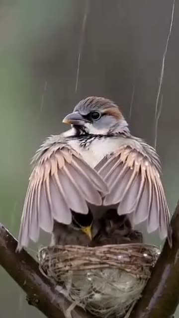 Mother Bird protecting Her Baby Birds