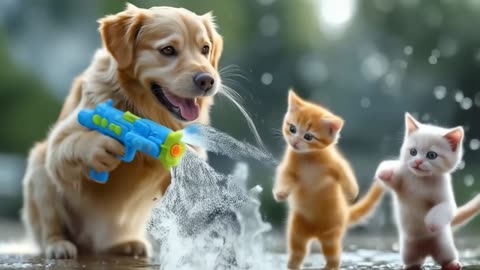 Ginger Papa Dog Hosts a Water Festival for Orphaned Kittens on Children's Day 🎉🐶💦😺 #aidog #dog