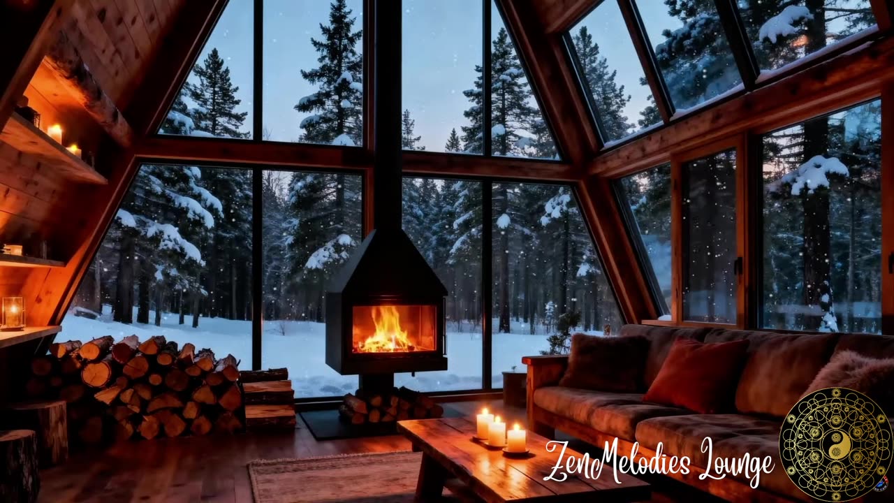 Fireplace crackling and jazz - winter, cabin atmosphere