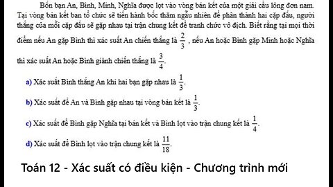 Toán 12: Xác suất có điều kiện: Bốn bạn An, Bình, Minh, Nghĩa được lọt vào vòng bán kết của một giải