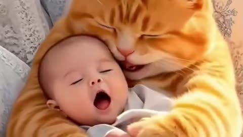 Cute cat feeds baby milk and plays together happily!