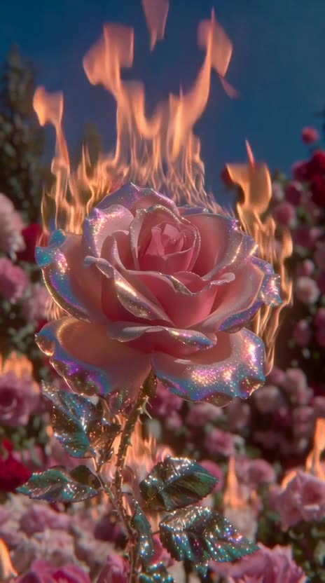 a red rose flower with fire on it, big flames on background