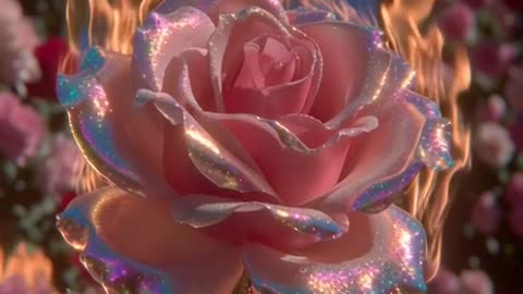 a red rose flower with fire on it, big flames on background